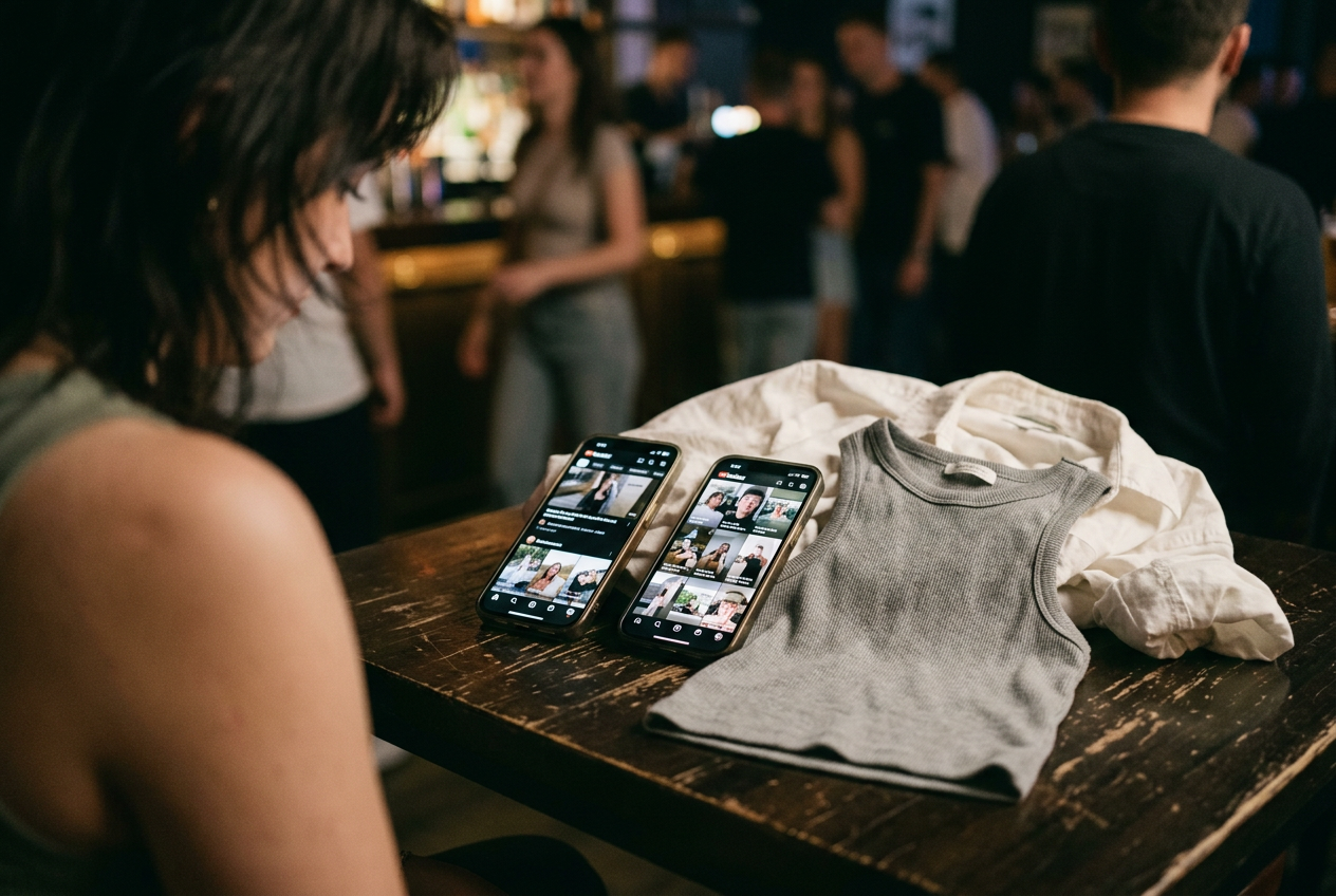 Two phones display fresh video feeds beside a gray ribbed tank top and an open white Oxford shirt.