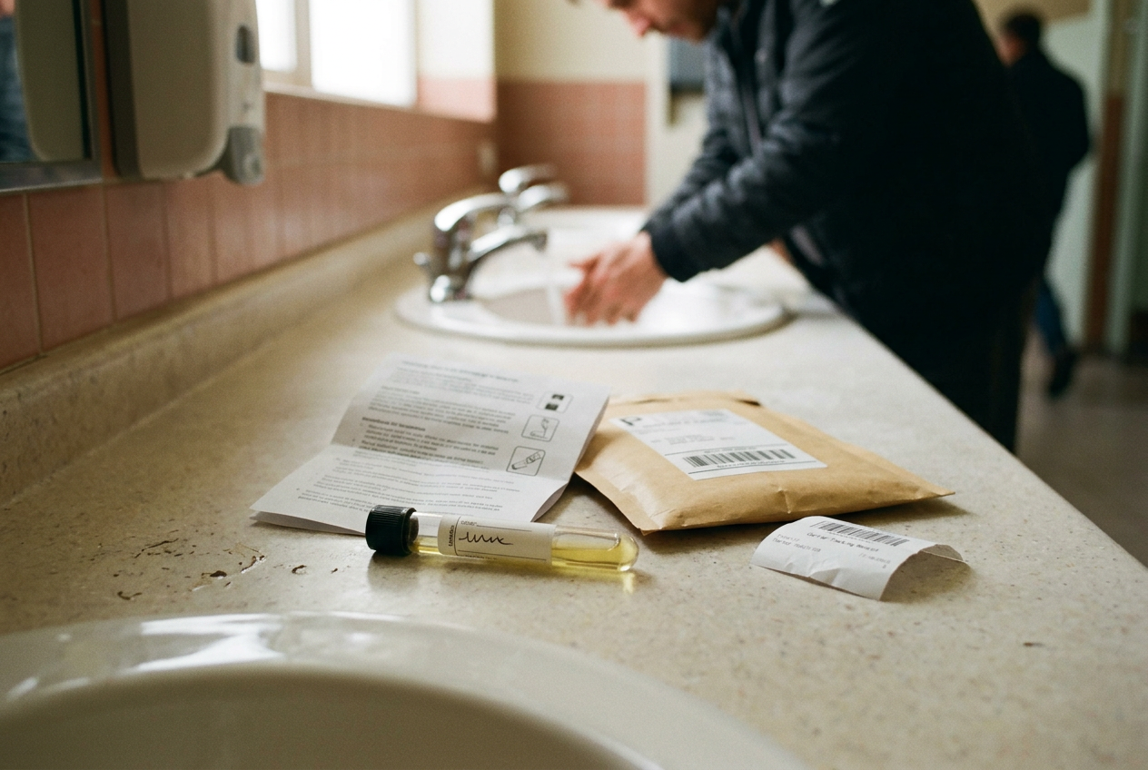 A labeled urine collection tube beside its return mailer, instructions and saved tracking receipt on a bathroom counter.