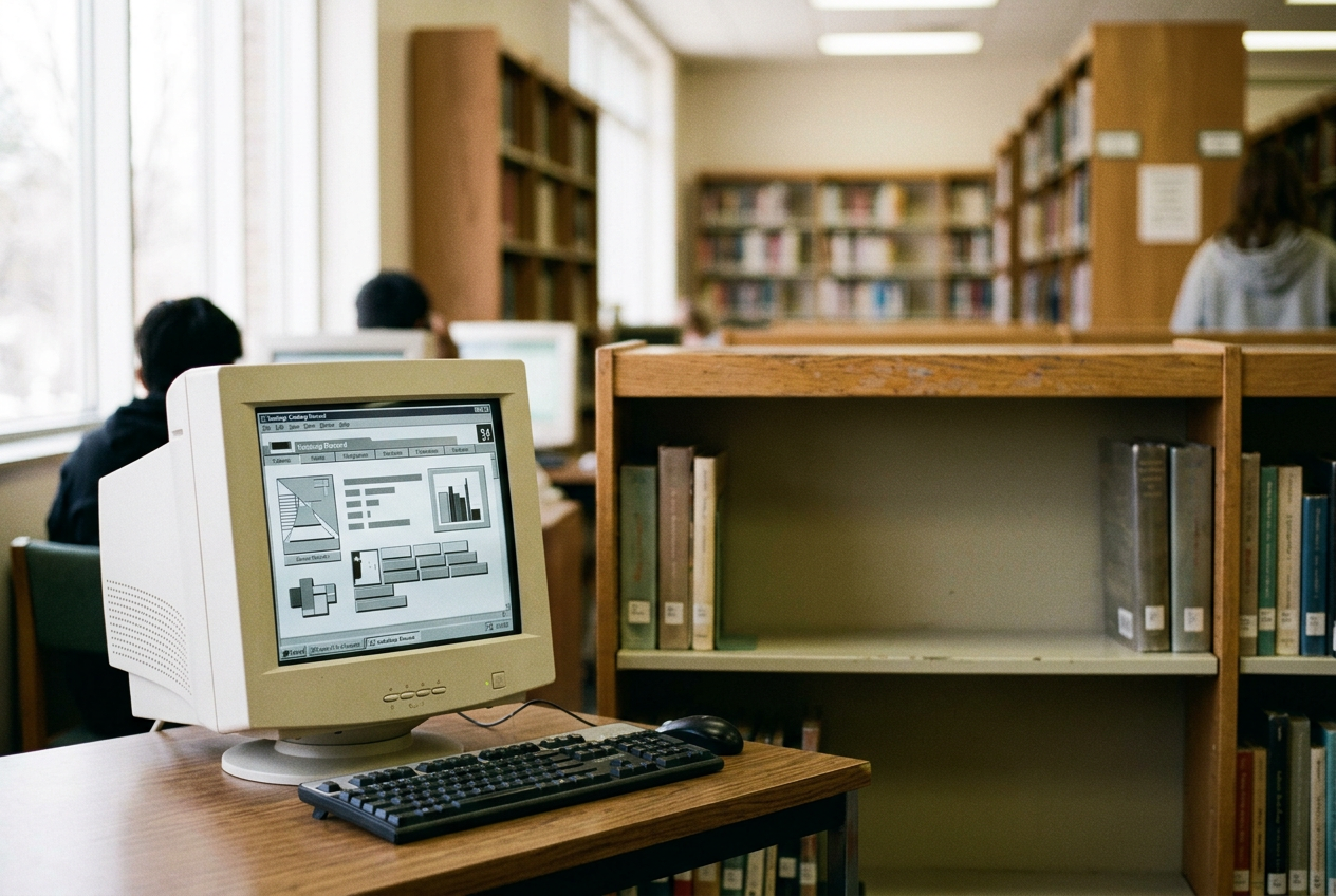 A challenged graphic memoir beside a school library computer showing its catalog record and unavailable status.