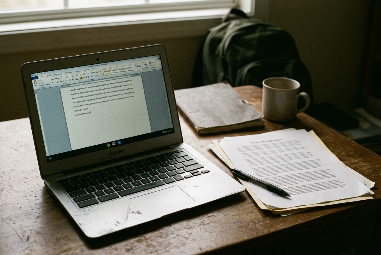 A school laptop showing a flagged sentence in a Google Doc beside a printed acceptable-use policy.