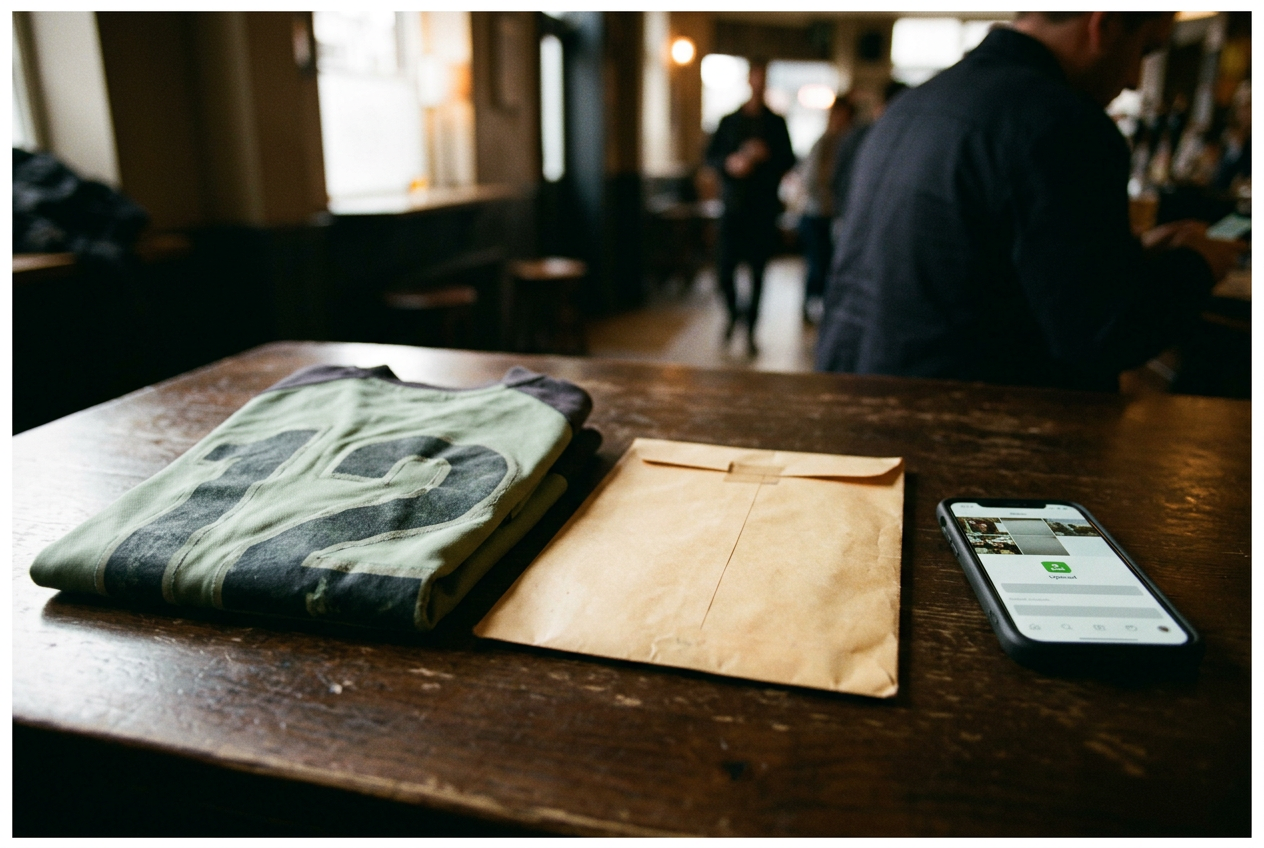 A phone showing a selfie-search prompt beside a sealed school sports photo envelope and a folded numbered jersey.
