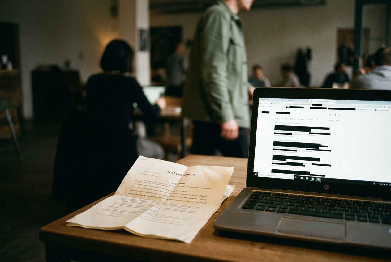 A certified sealing order beside a laptop showing redacted search results for a booking photo.