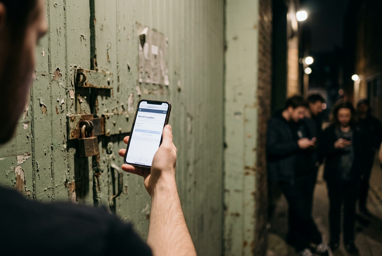 A phone shows a Resident Advisor listing marked Secret Location beside an unmarked warehouse entrance.