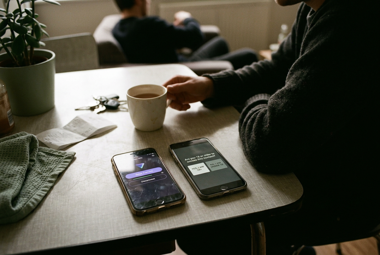 An iPhone showing a VPN connection control beside a social-media app age-check screen.
