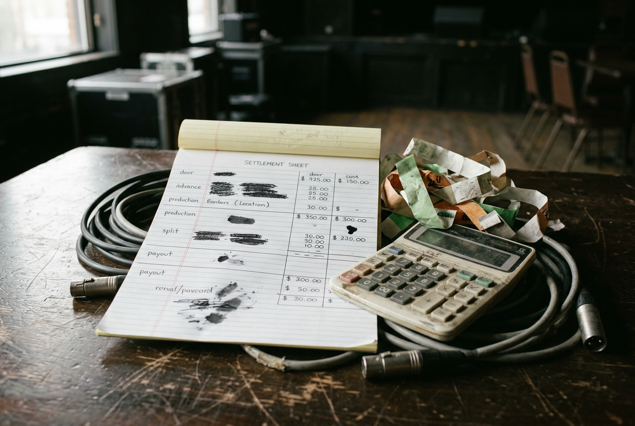 A marked-up show settlement sheet beside wristbands, a calculator and coiled audio cables on a venue table.