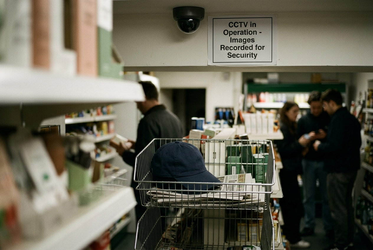 A navy cotton baseball cap in a shopping basket beneath a store entrance camera and surveillance notice.