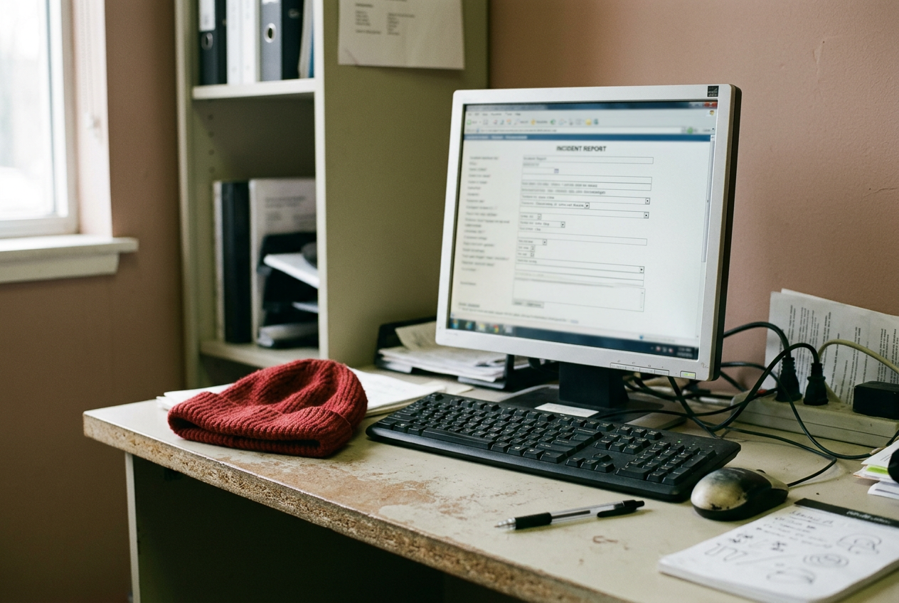 A red knit cap beside a security monitor showing a blurred retail incident form.