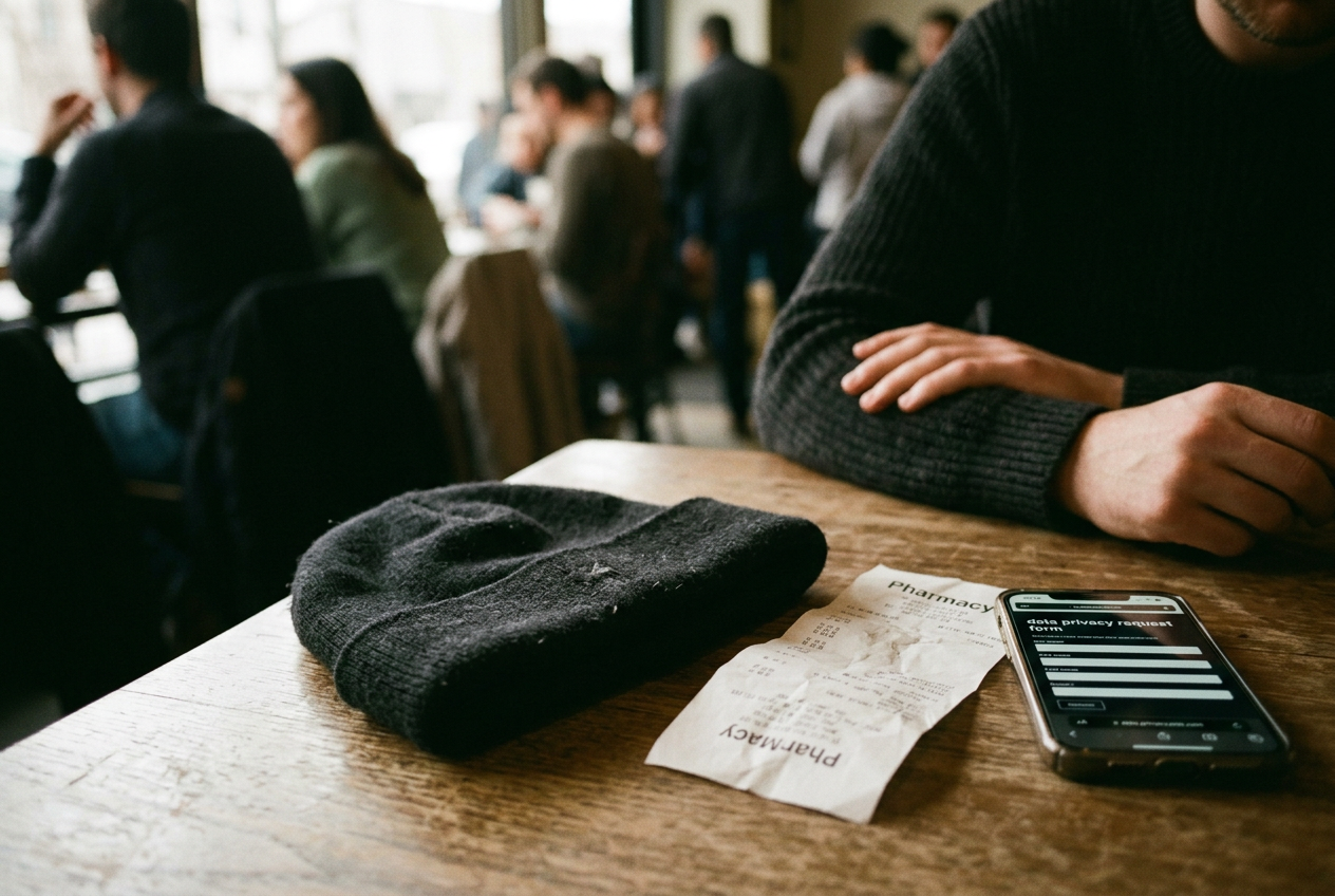 A cuffed black knit cap beside a store receipt and a phone displaying a retailer privacy request form.