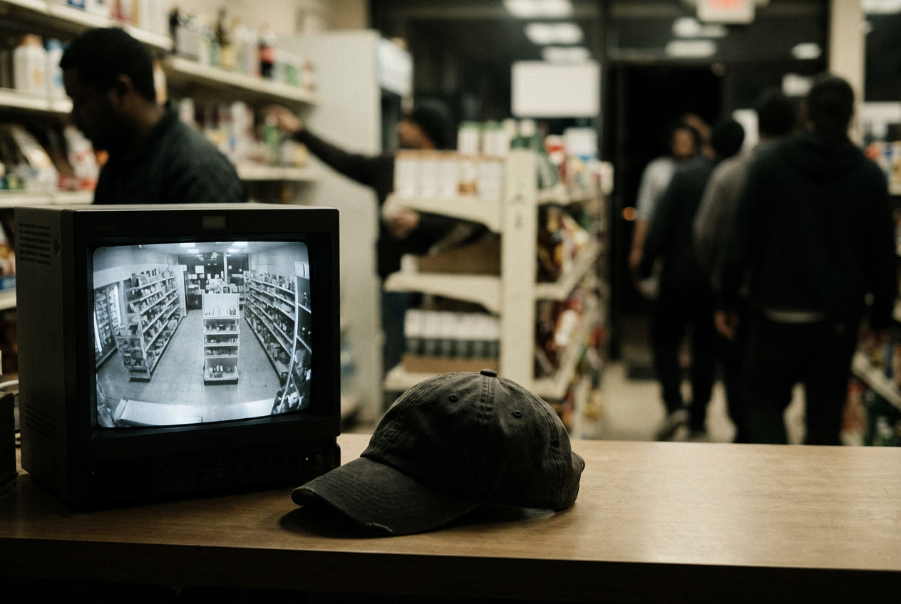 A dark baseball cap beside a retail surveillance monitor showing an indistinct store aisle.