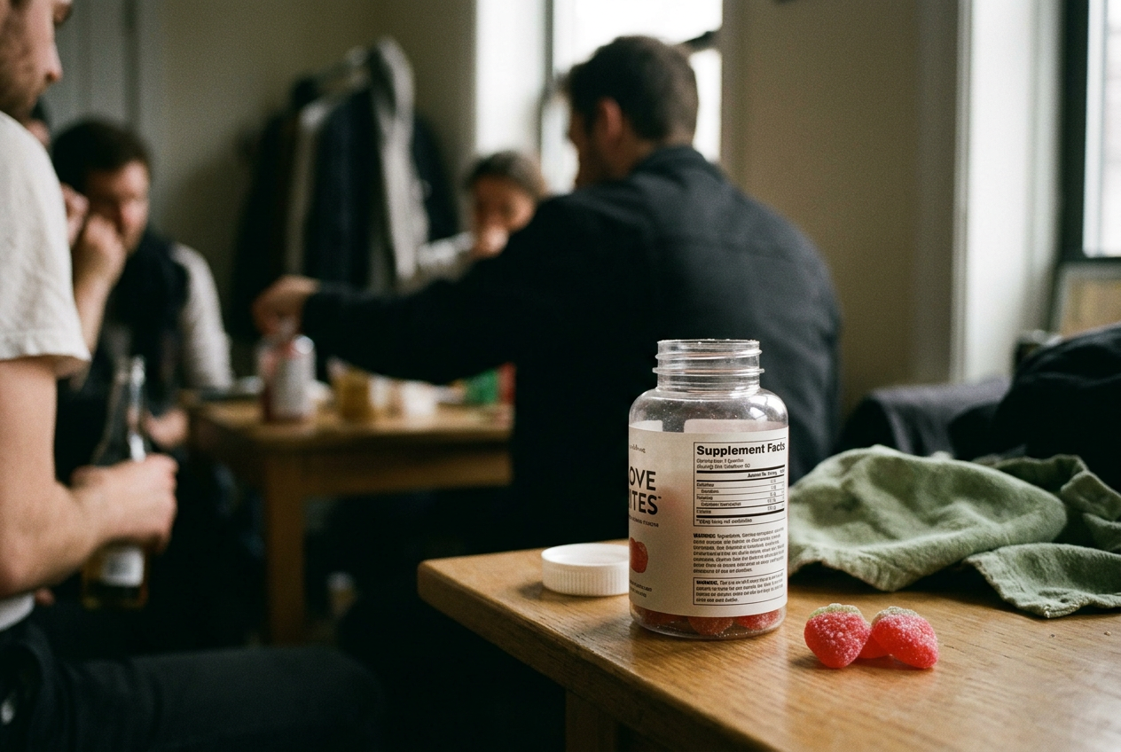 An open bottle of strawberry libido gummies beside its Supplement Facts and warning panels.