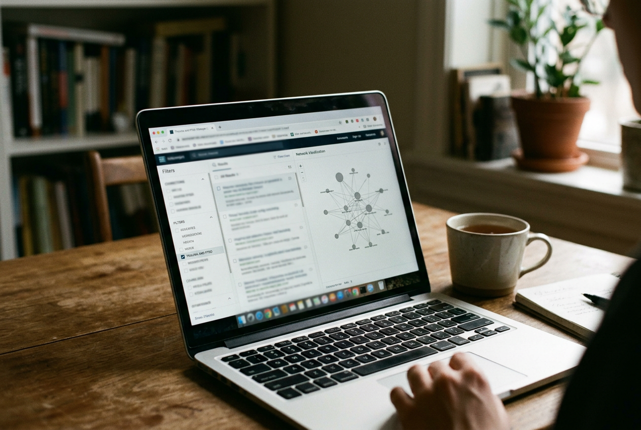 A laptop showing a therapist search filter beside an open browser network panel, with no personal details visible.