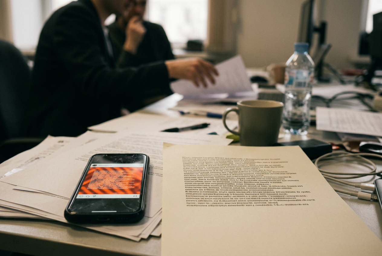 A phone showing a violence warning over a political post beside a printed copy of the same message.