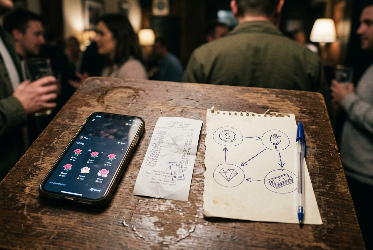 A phone showing a TikTok LIVE Rose gift beside a Coin purchase receipt and a creator reward balance.