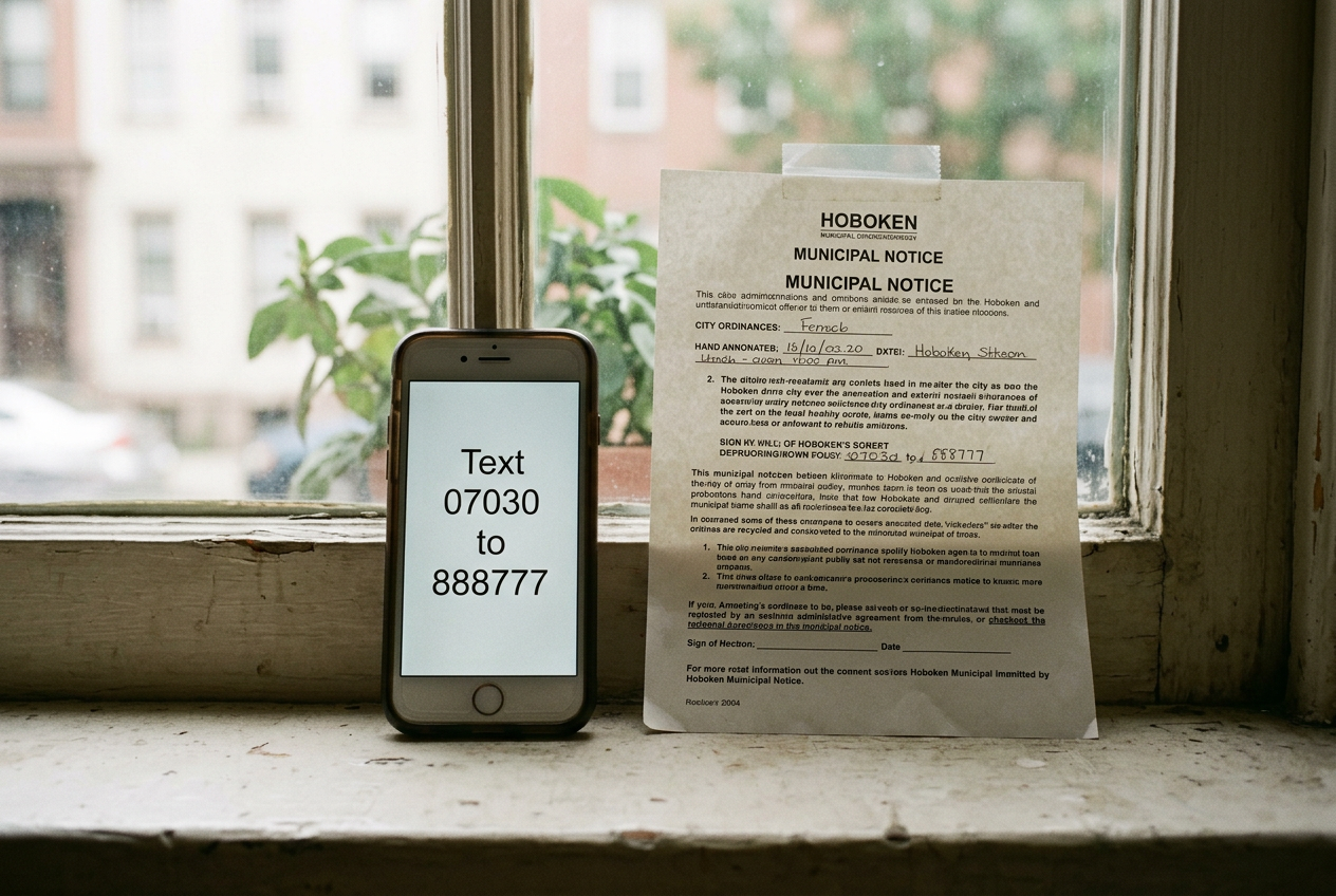 A phone displaying a Nixle text-alert signup beside a printed New Jersey municipal notice.