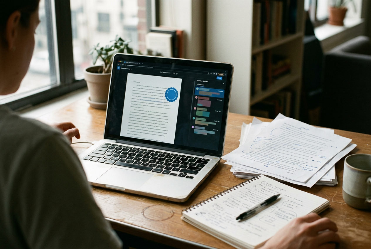 A laptop displaying Turnitin’s blue AI-writing indicator beside printed student drafts and handwritten notes.