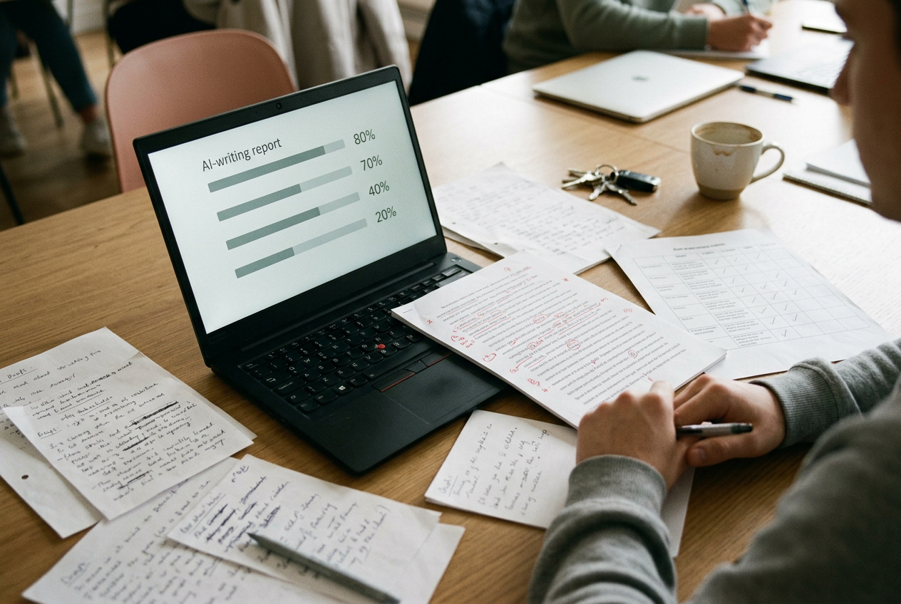 A laptop displaying an AI-writing report beside a printed student essay, rubric and handwritten draft notes.