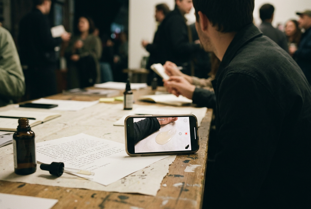 A phone showing a cropped serum video beside a contract, serum bottle and folded black cotton T-shirt.