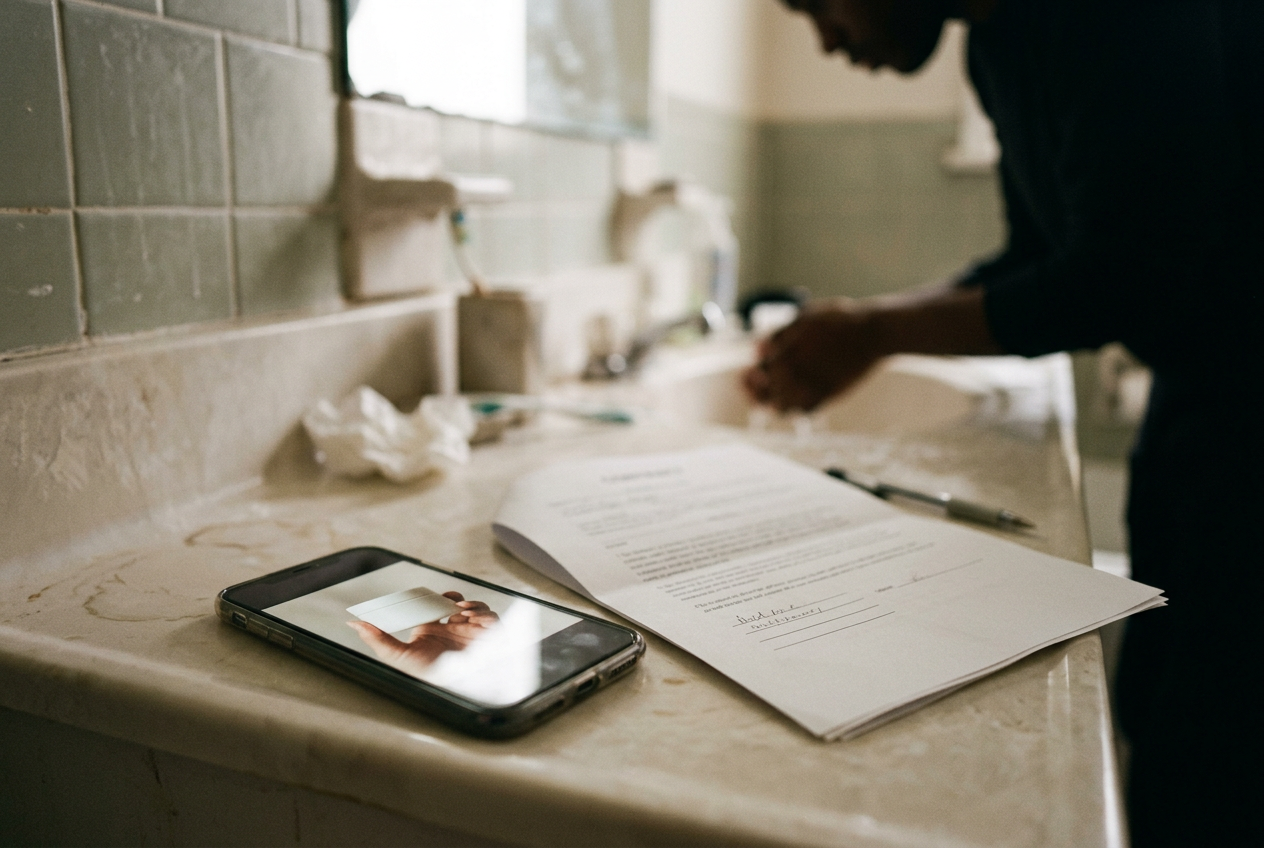 A phone beside a bathroom sink shows cropped hands filming a moisturizer clip next to an open usage contract.