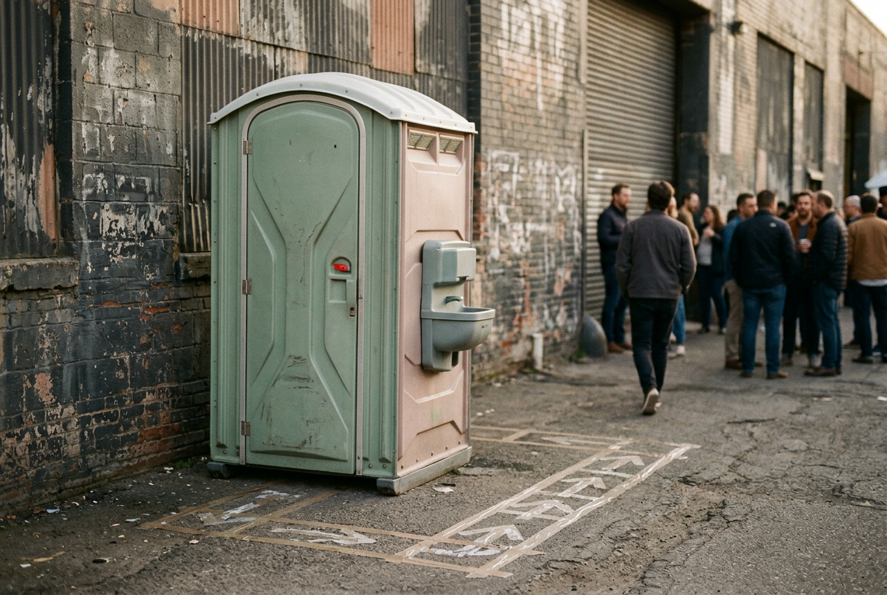 A portable toilet beside a warehouse wall, with a handwashing station and taped pedestrian route visible nearby.