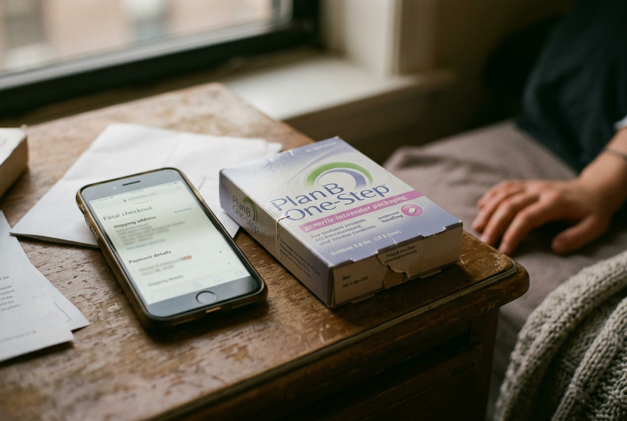 A sealed Plan B One-Step carton beside a phone showing a late-night delivery checkout screen.