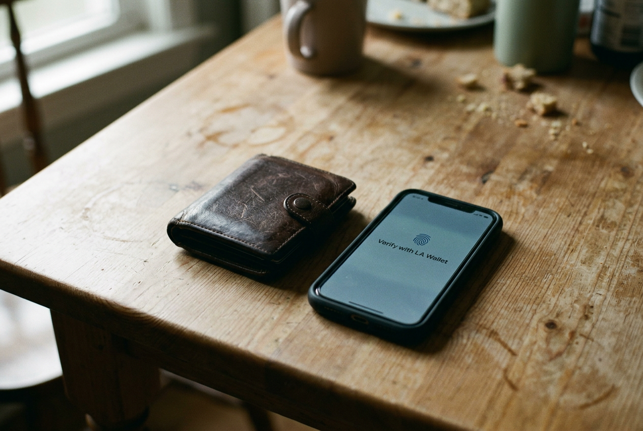 A phone displaying a digital age-verification prompt beside a driver’s license on a plain table.