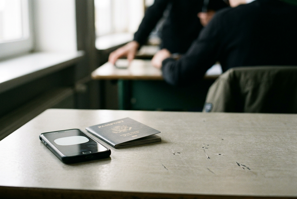 A phone displaying an age-check oval beside a closed passport and laptop on an ordinary desk.