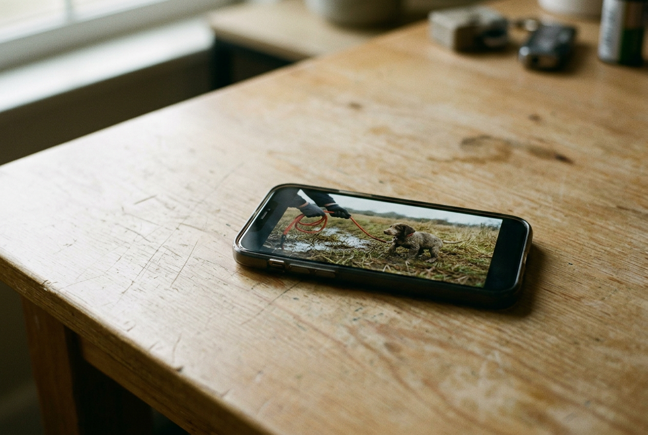 A phone paused on a rescue clip where a red cord changes position beside a muddy white puppy.