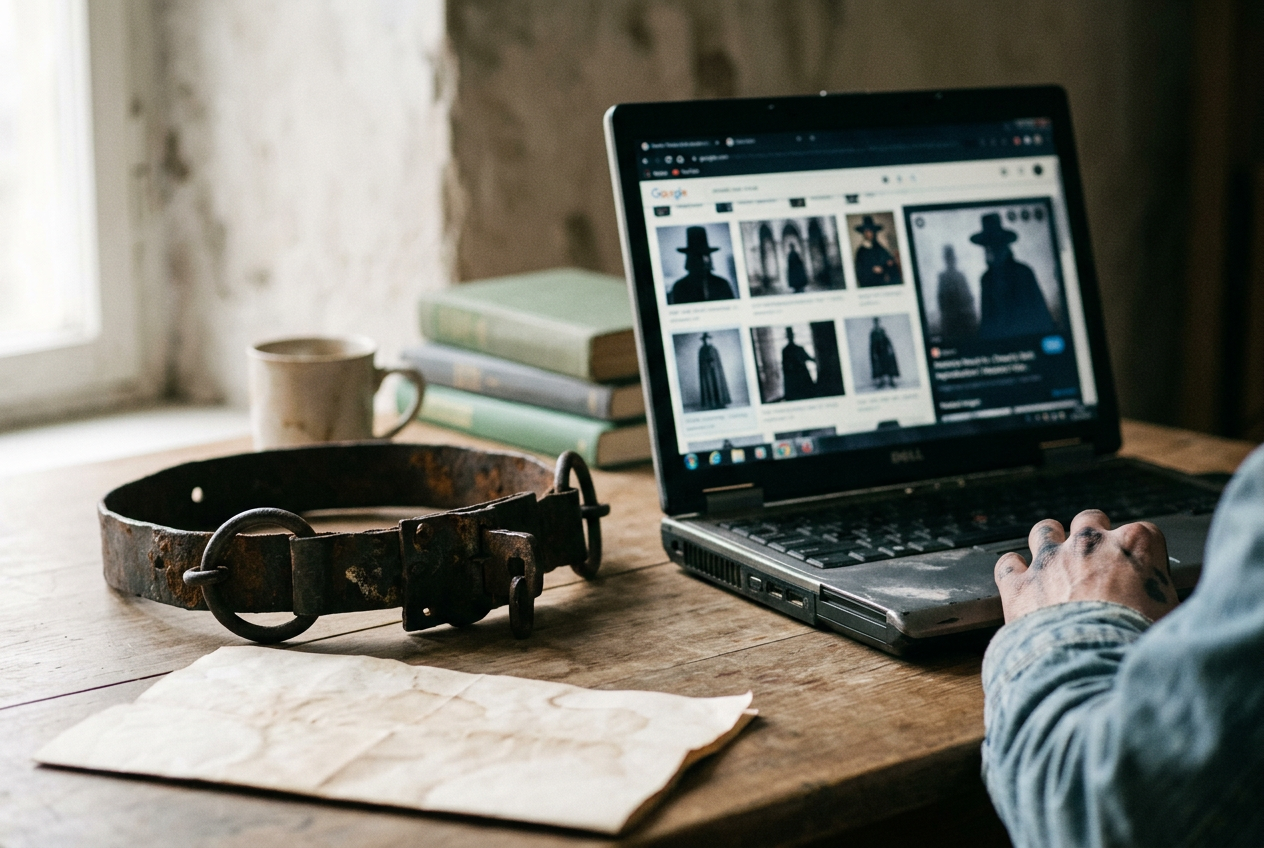 A rusted iron chastity belt beside a laptop showing repeated history-video thumbnails.