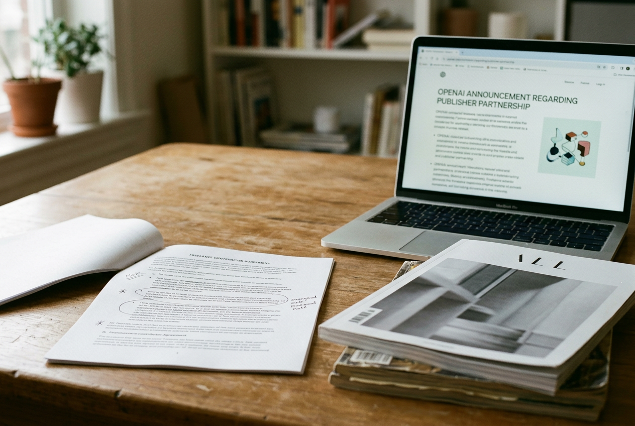 A printed freelance contributor agreement beside an archived magazine issue and a laptop showing an AI licensing announcement.