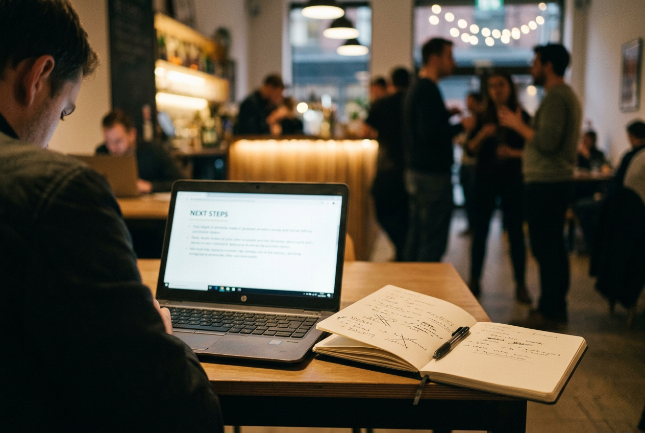 A laptop displaying an AI meeting recap beside a notebook with handwritten corrections and crossed-out task assignments.