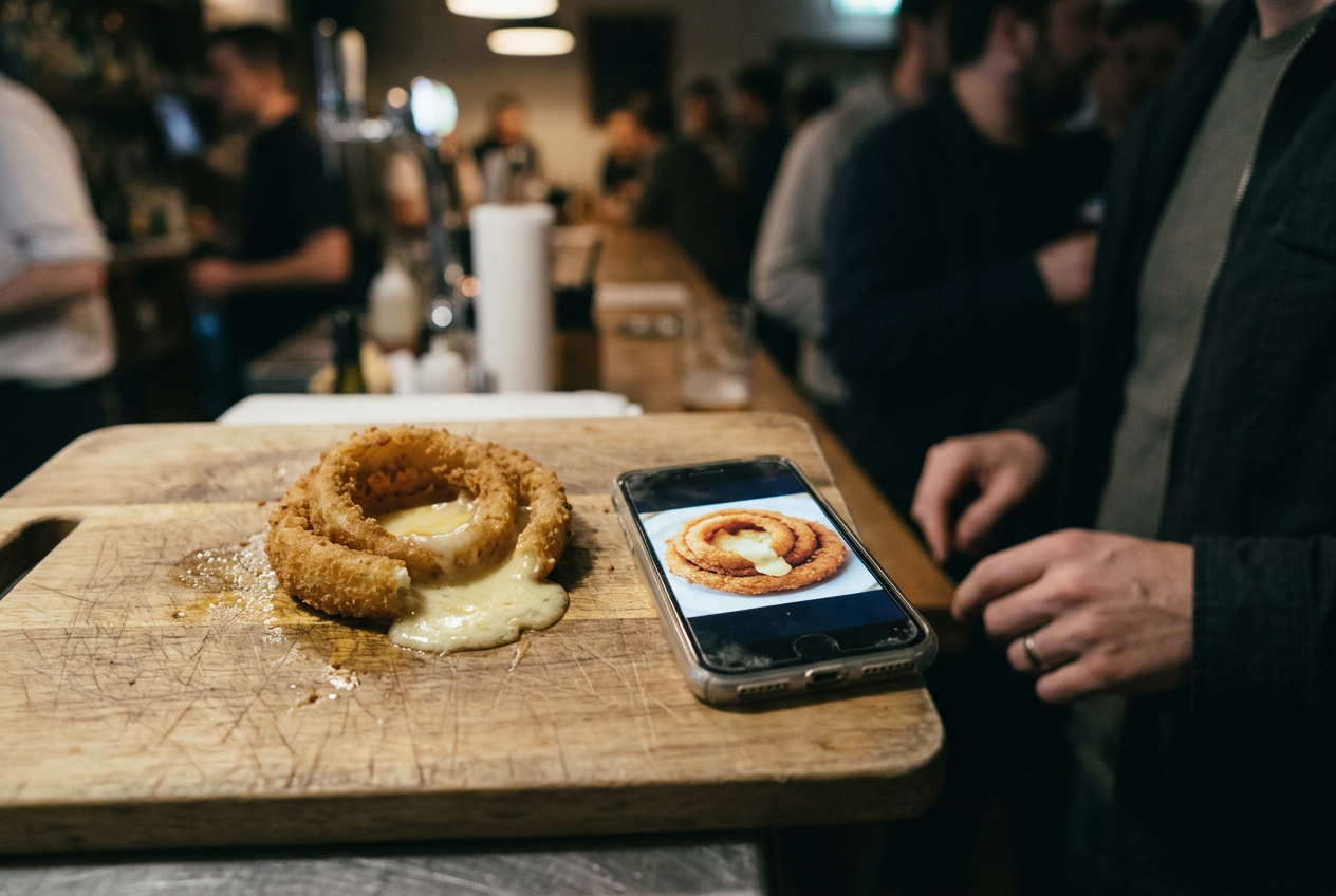 A collapsed breaded onion ring with melted cheese leaking onto a cutting board beside a phone showing the idealized version.