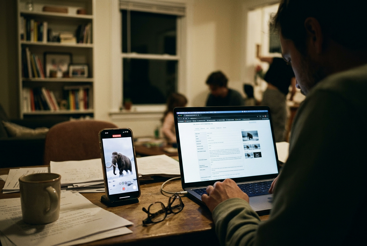 A phone displaying a Sora mammoth clip beside a laptop showing the same video without its source page.