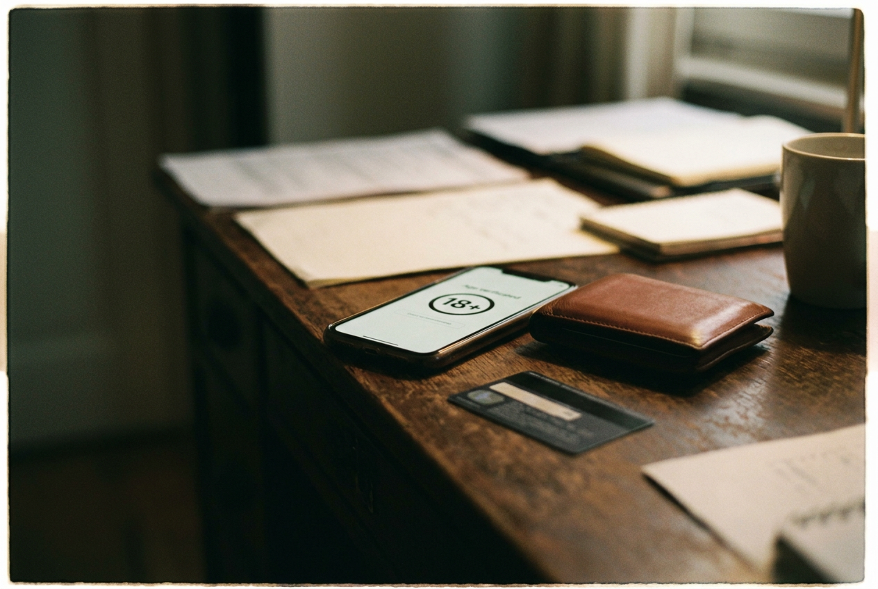 A phone displaying an over-18 verification prompt beside a closed wallet and government ID card.