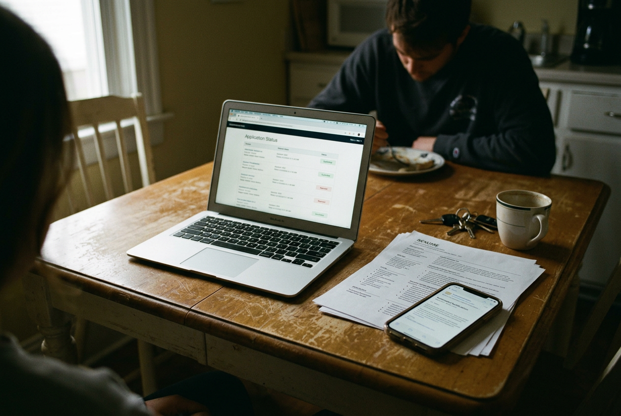A laptop displaying an application status page beside a printed résumé and an automated rejection email on a phone.