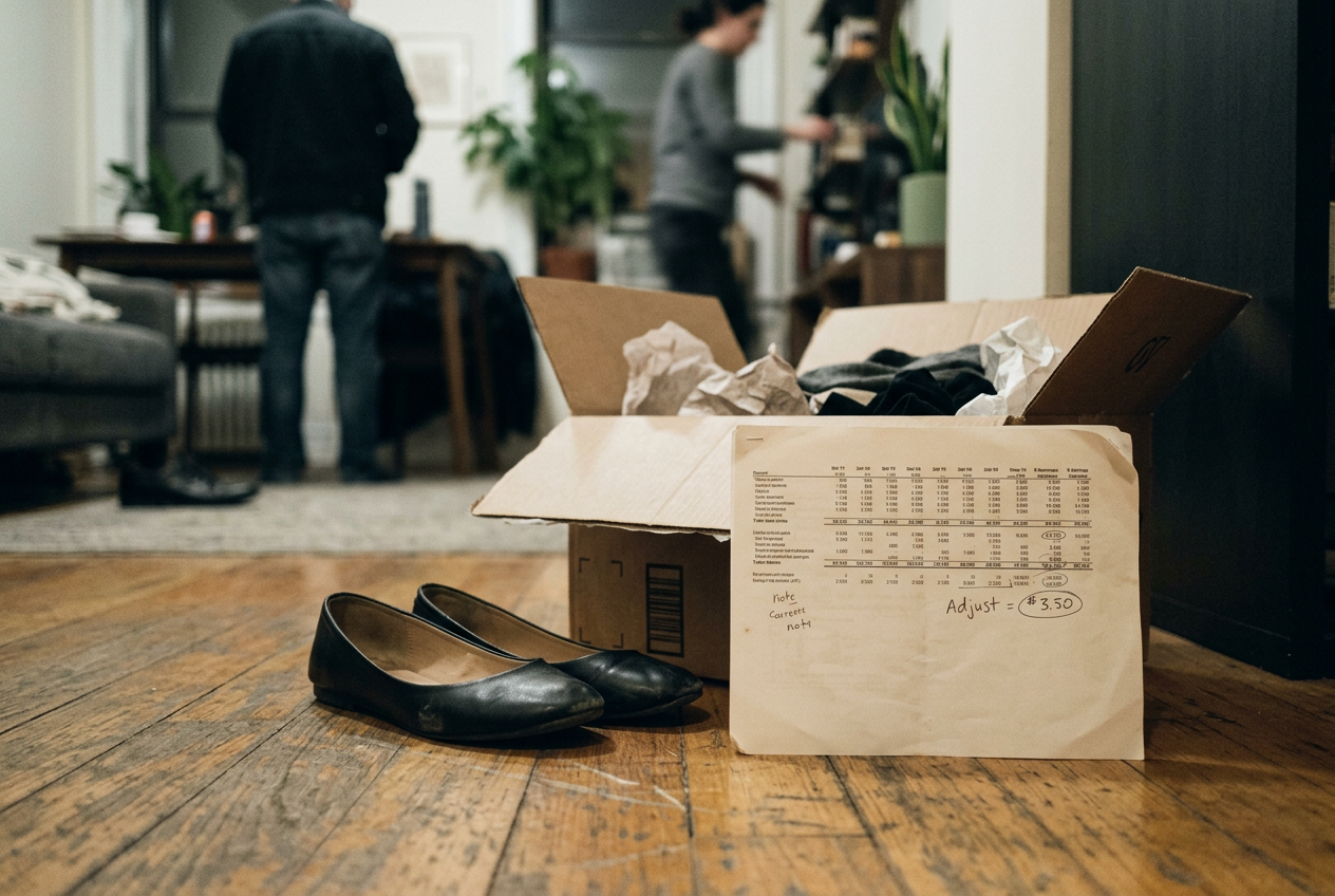 Black faux-leather ballet flats beside an Amazon return package and a printed earnings report.