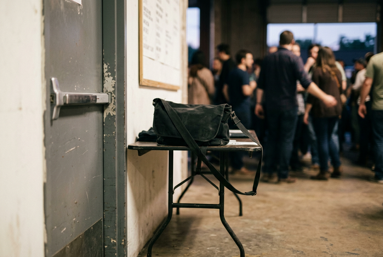 A gray steel exit door beside a folding merch table narrowing the route in a small music venue.