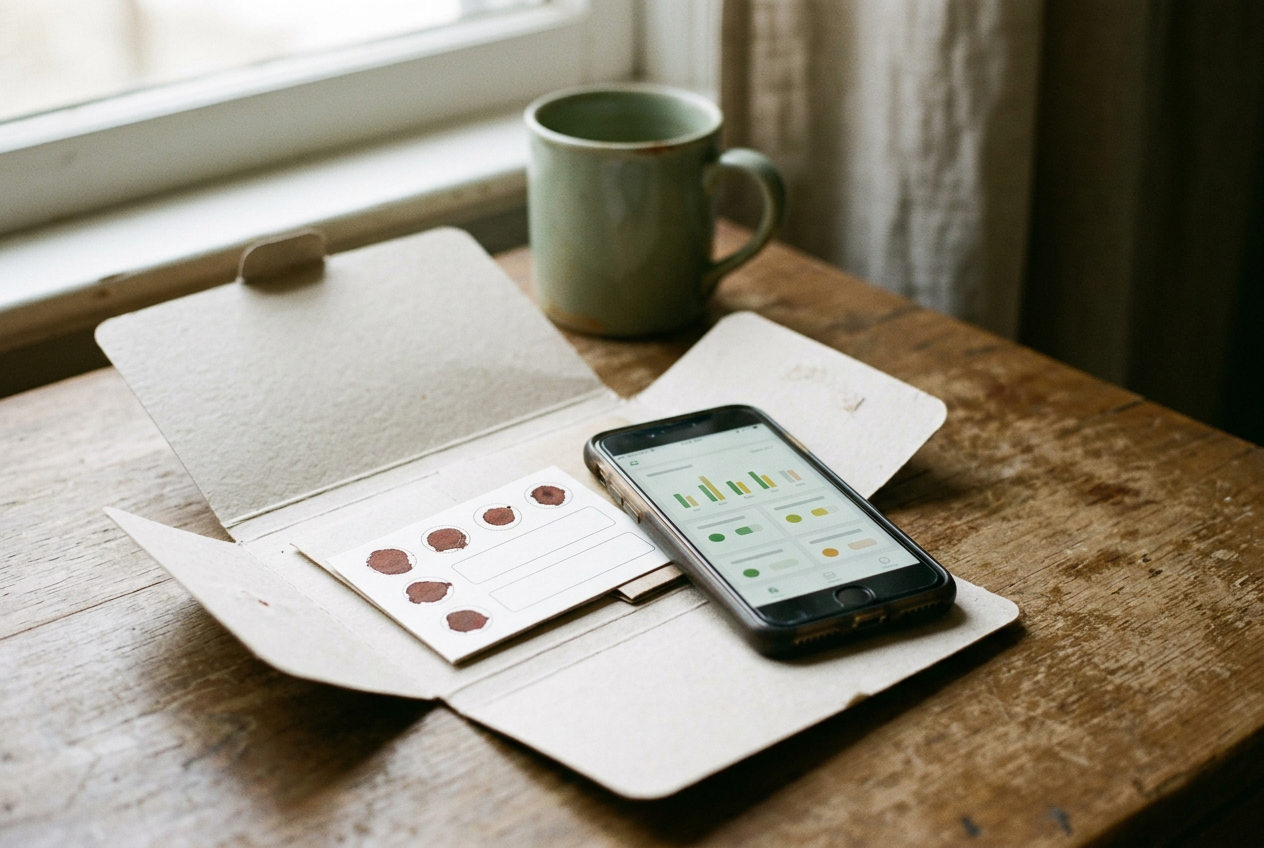 An opened hormone test kit with a blood-spot card, lancet, saliva tube and phone displaying a results dashboard.
