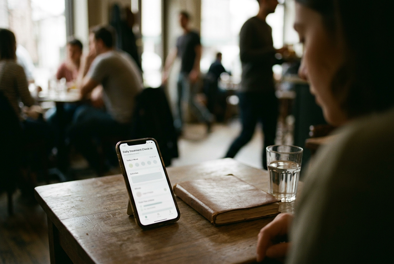 A phone displaying a ketamine treatment check-in beside a closed journal and glass of water on a plain table.