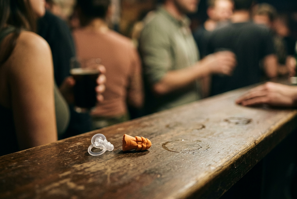 Clear reusable earplugs beside a creased orange foam plug on a dark club bar.