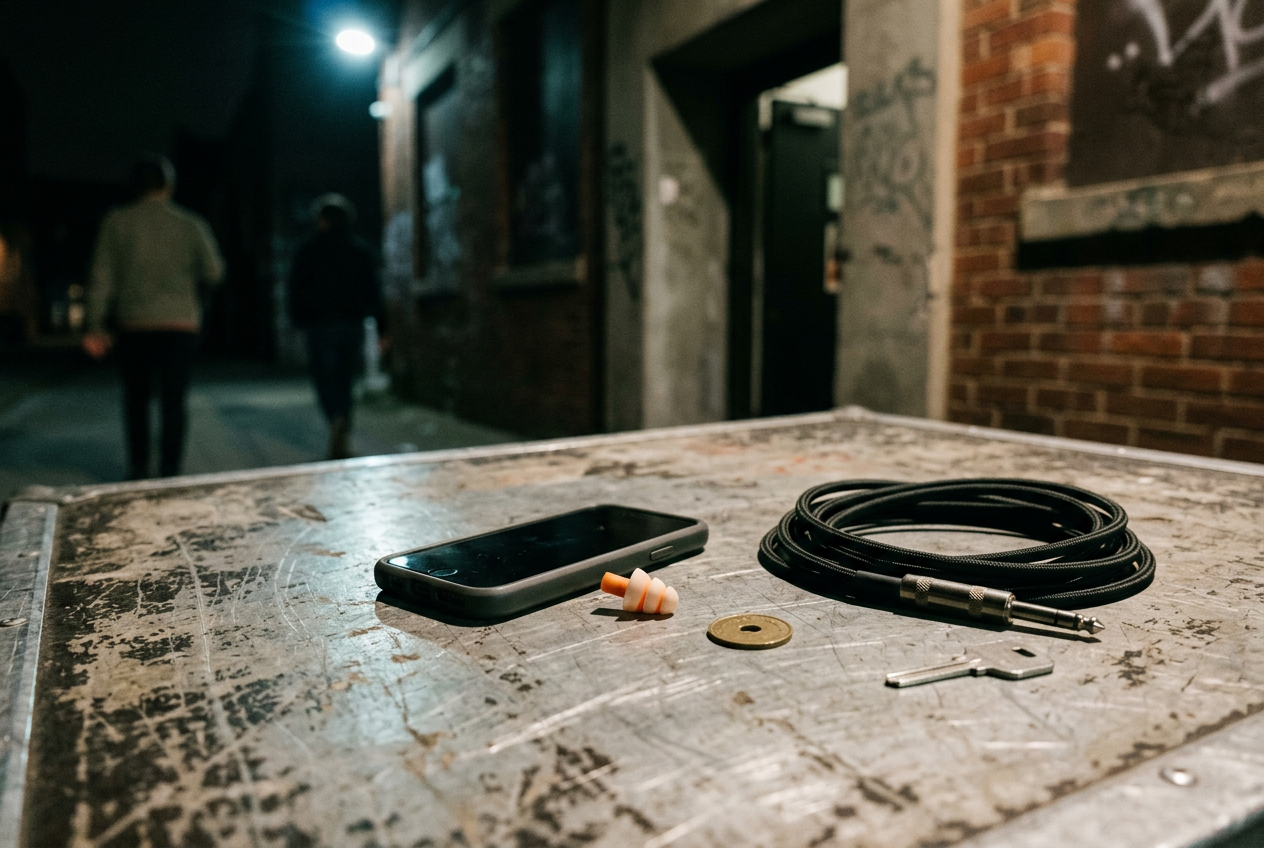 A phone, club earplug, virtual-currency token and rehearsal-room key arranged on a scratched metal table
