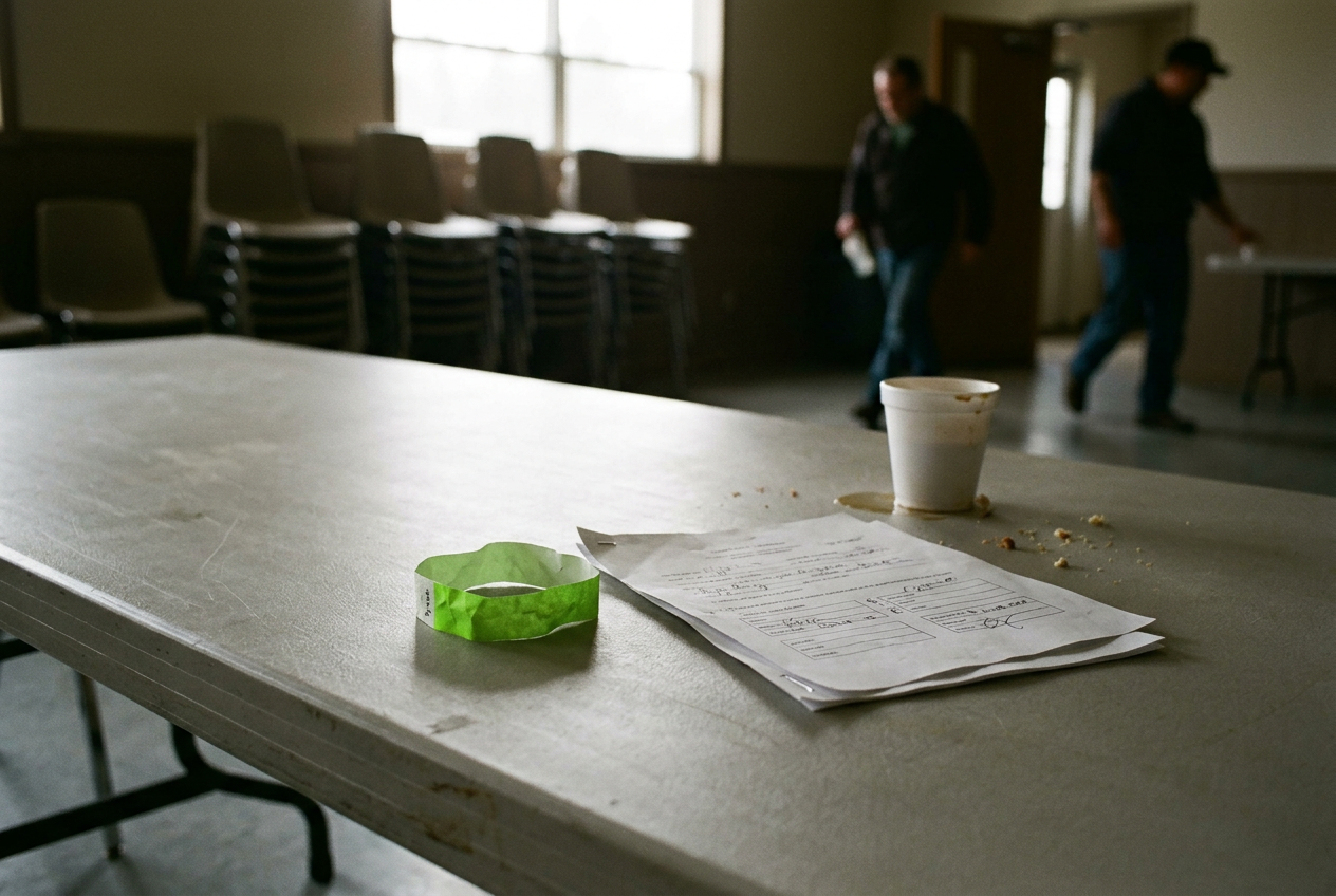A fluorescent-green wristband and rental contract on a laminate banquet table beside stacked chairs.