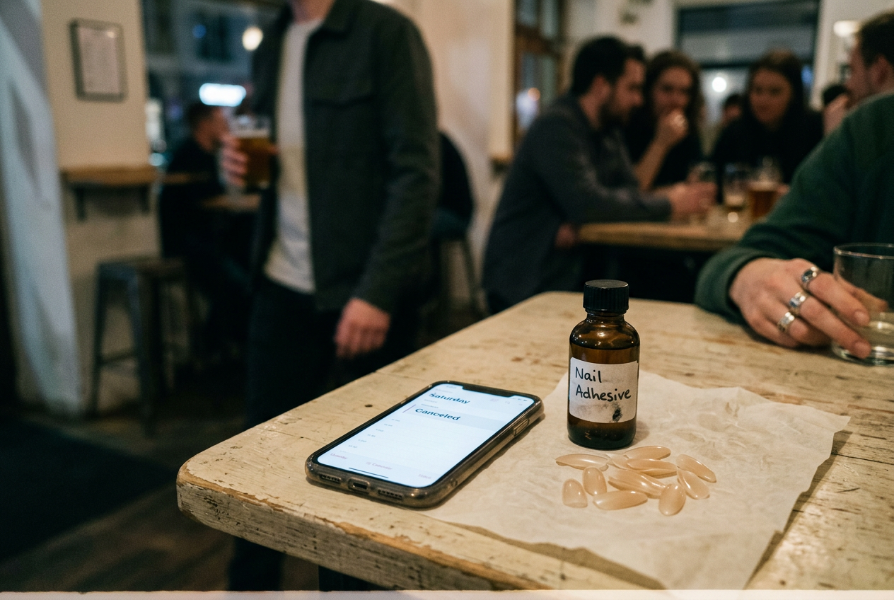 A phone showing a canceled nail appointment beside unused almond-shaped soft-gel tips on a worktable.
