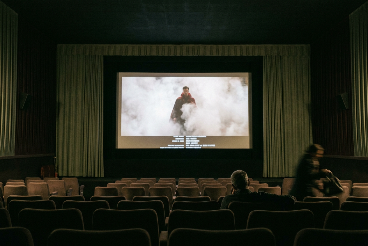 Superman’s red cape emerging through white smoke in the ruined Kahndaq courtyard at the end of Black Adam.