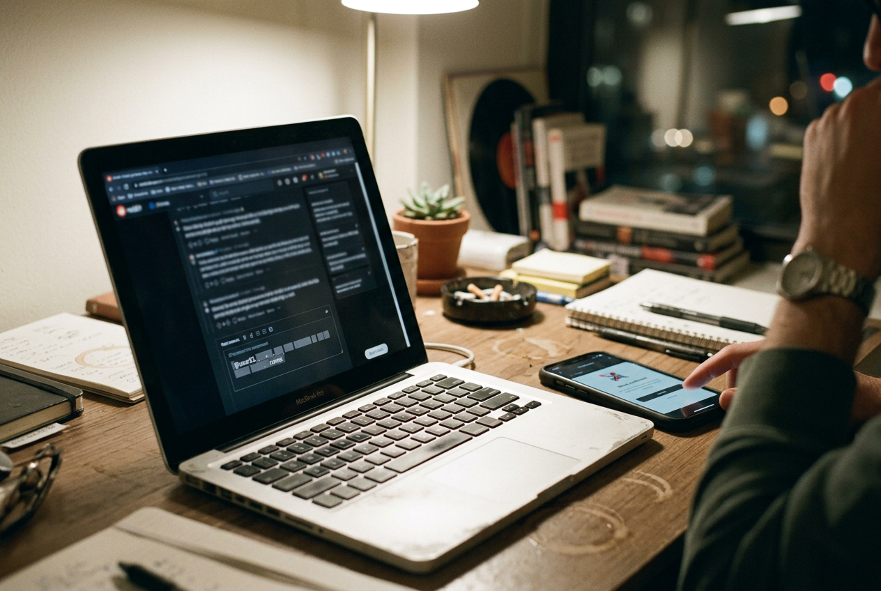 A phone showing a blocked account beside a laptop displaying the same account’s quoted public post.
