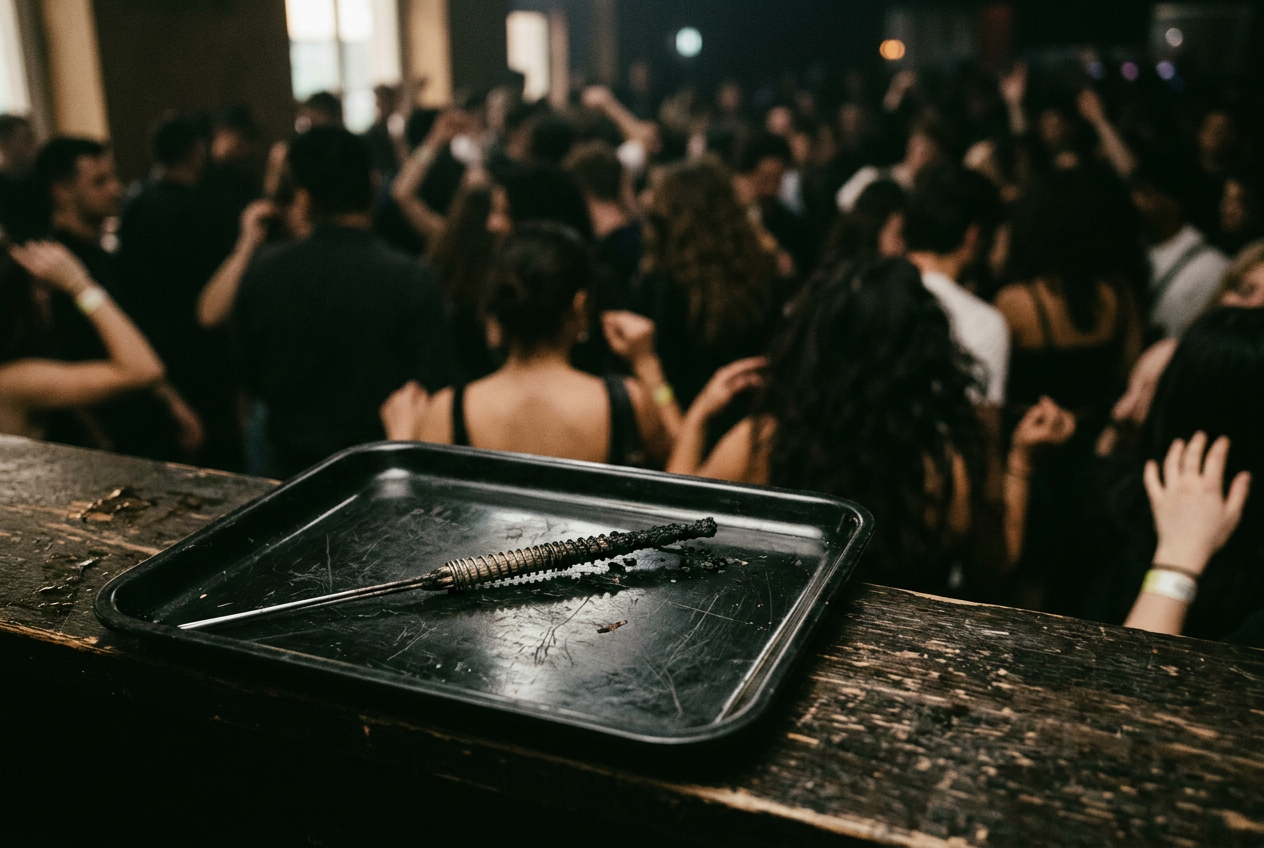 A bottle-service sparkler crossing the edge of a crowded dance floor while the DJ booth remains visible behind it.