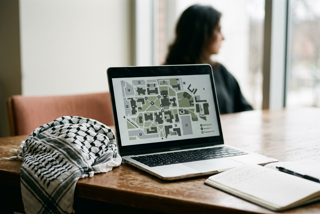 A black-and-white keffiyeh beside a laptop displaying a campus protest map with location pins.