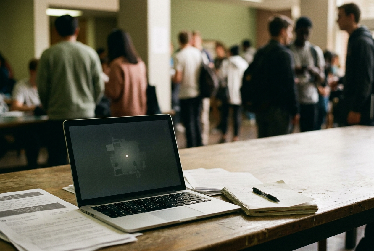 A laptop showing a campus protest map beside printed university notices and handwritten event notes.