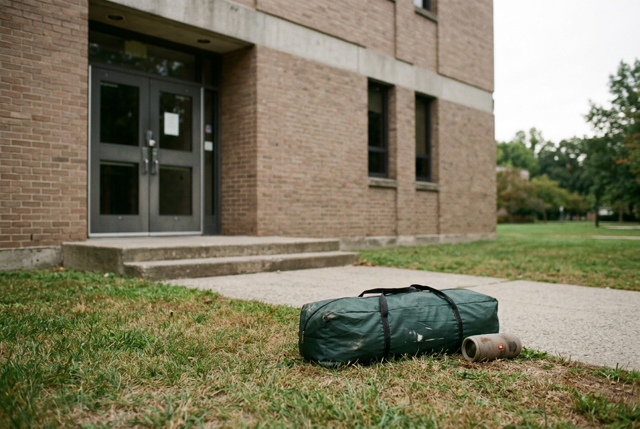 An unoccupied campus lawn beside an academic building, with a folded tent and portable speaker near a path.