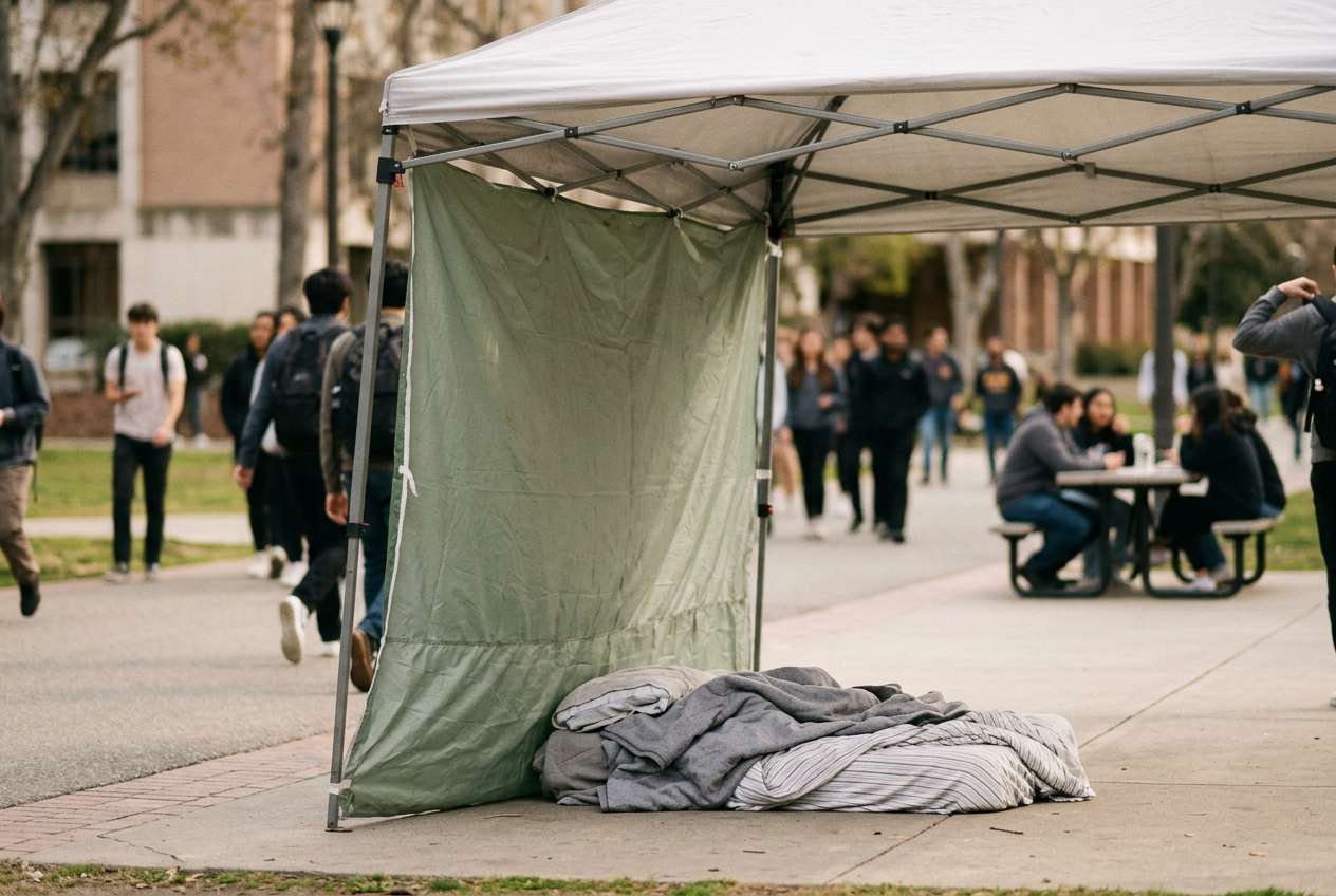 A square pop-up canopy on a campus lawn with one fabric sidewall attached and folded blankets visible underneath.