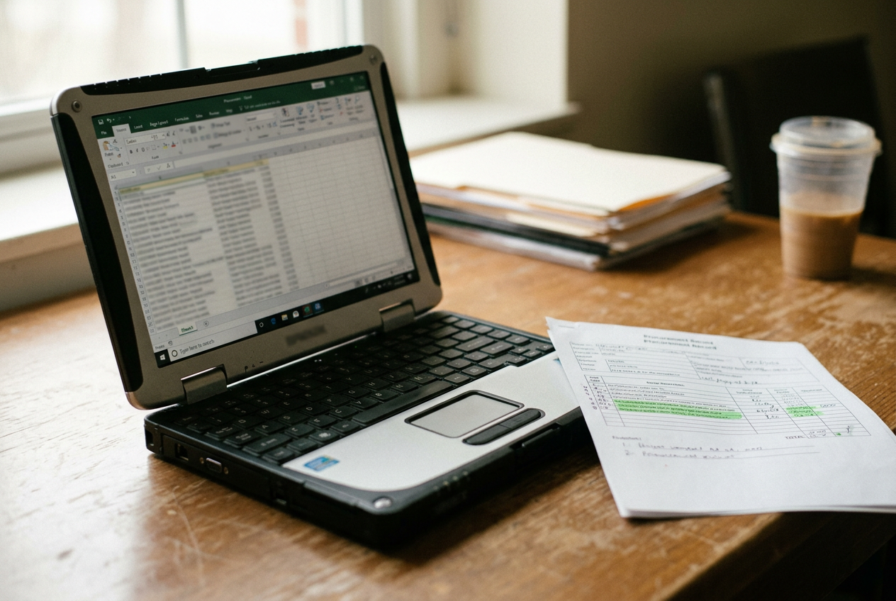 A campus police laptop beside a printed monitoring contract with the word “protest” highlighted.
